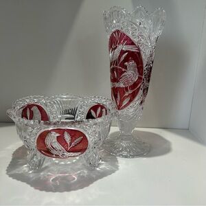 Elegant Crystal Vase and Bowl Set with Red Accents